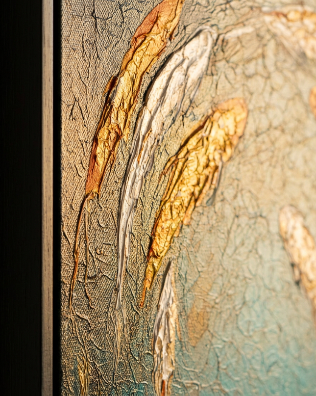 Close-up detail of Koi of Prosperity showing canvas depth, frame profile and stretcher bars
