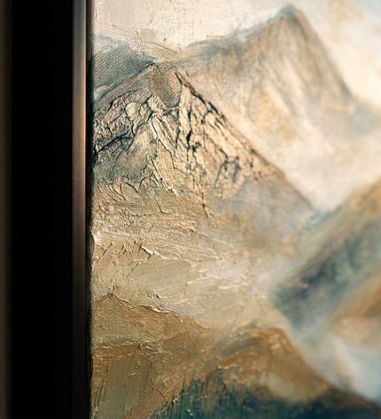 Close-up detail of Drifting Into Peace showing canvas depth, frame profile and stretcher bars
