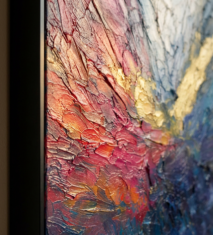 Close-up detail of Luminous Tide showing canvas depth, frame profile and stretcher bars