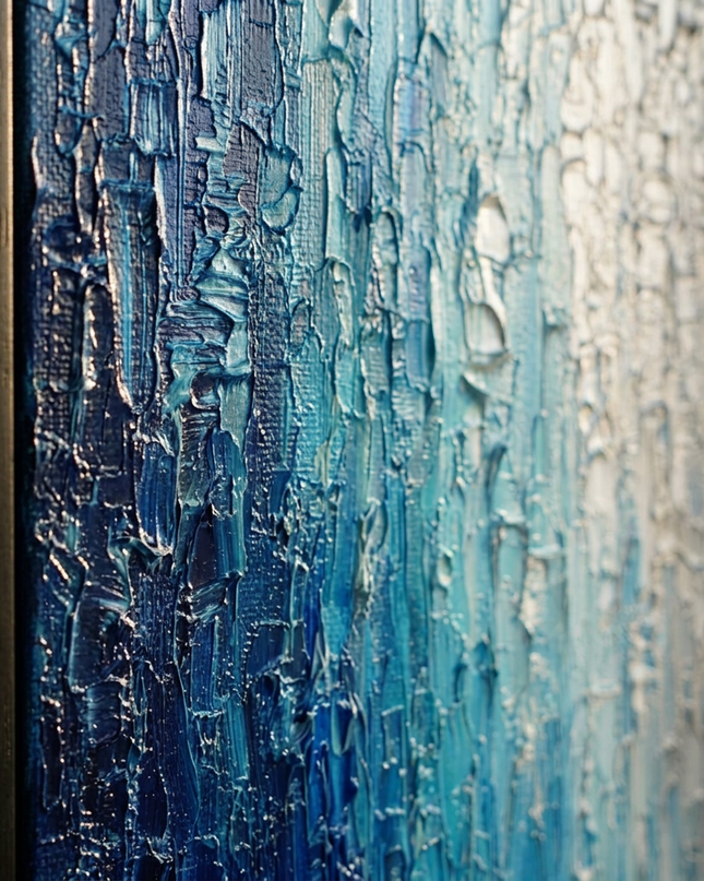 Close-up detail of Silver Tide showing canvas depth, frame profile and stretcher bars