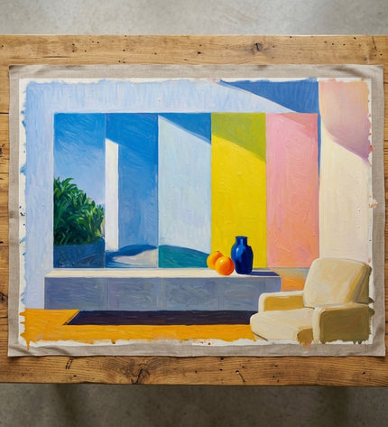 Constructed Dimension hand-painted original as unrolled canvas on studio table, shown without frame