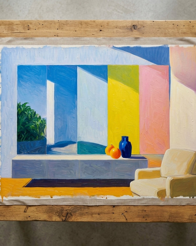 Constructed Dimension hand-painted original as unrolled canvas on studio table, shown without frame
