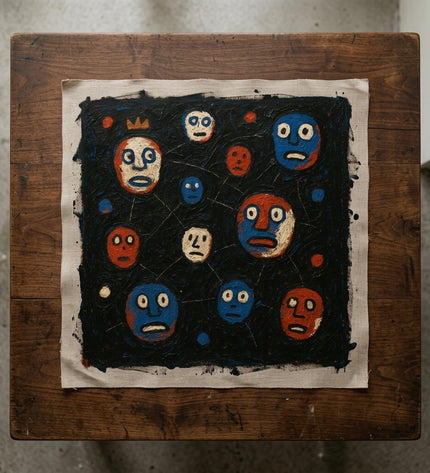 Cosmic Conversations hand-painted original as unrolled canvas on studio table, shown without frame