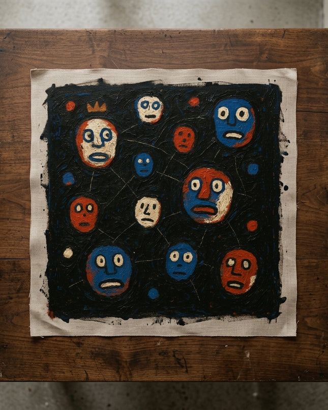 Cosmic Conversations hand-painted original as unrolled canvas on studio table, shown without frame