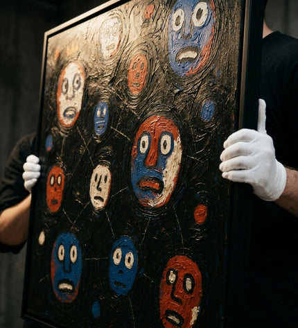 Cosmic Conversations original oil painting held by a gallerist with white cotton gloves, cobalt and burnt orange face impasto close-up