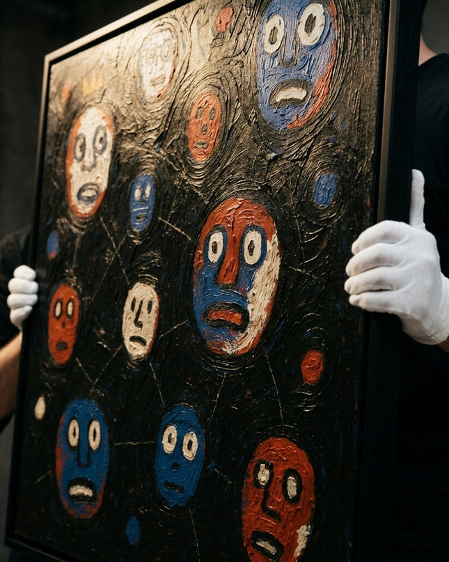 Cosmic Conversations original oil painting held by a gallerist with white cotton gloves, cobalt and burnt orange face impasto close-up