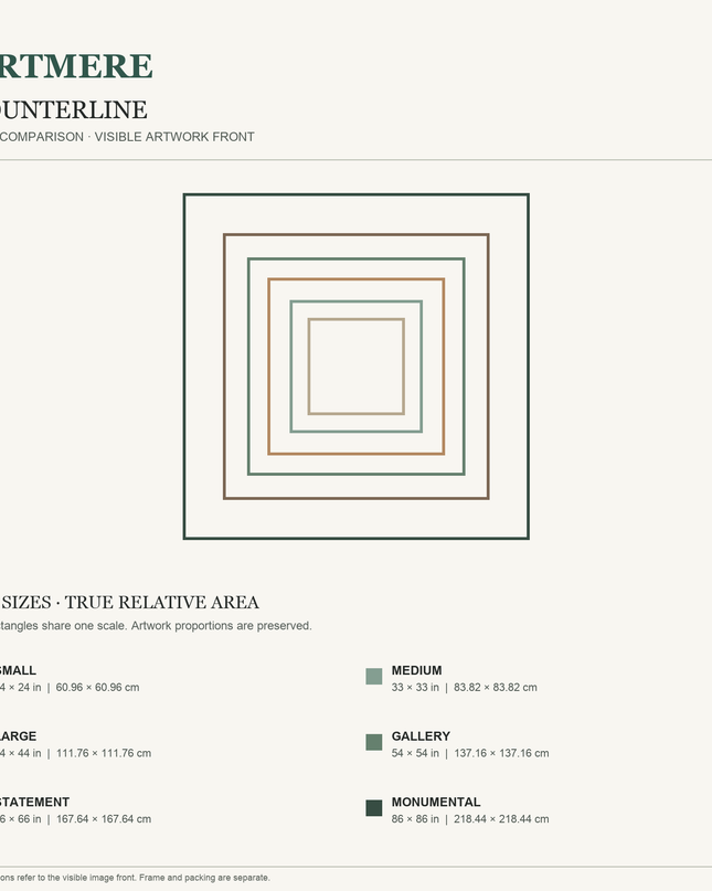 Counterline — six square sizes in centimeters and inches