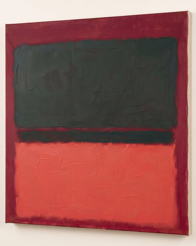 Crimson Chamber — unframed stretched canvas with natural linen sides; digital artwork visualization