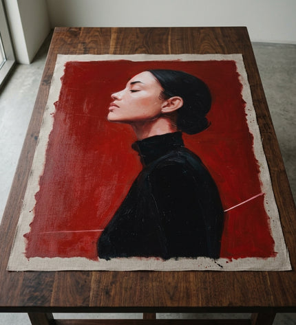 Crimson Reverie hand-painted original as unrolled canvas on studio table, shown without frame