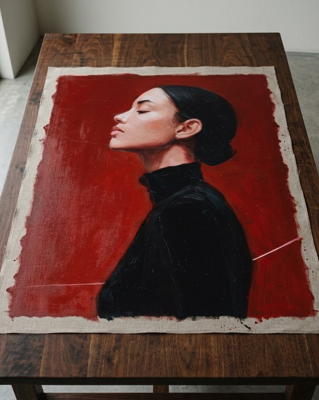 Crimson Reverie hand-painted original as unrolled canvas on studio table, shown without frame