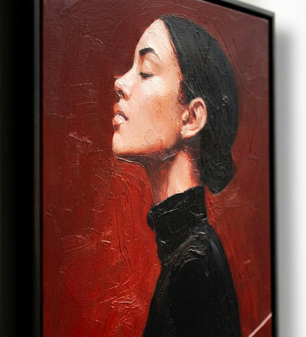 Close-up detail of Crimson Reverie showing textured brushwork in crimson and white tones