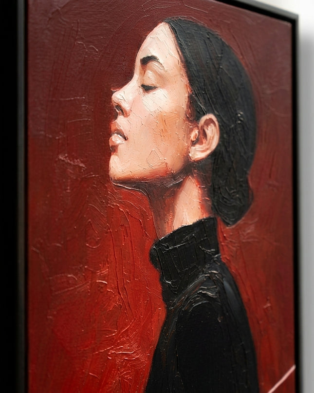 Close-up detail of Crimson Reverie showing textured brushwork in crimson and white tones