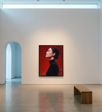 Crimson Reverie original canvas artwork displayed in a contemporary gallery setting