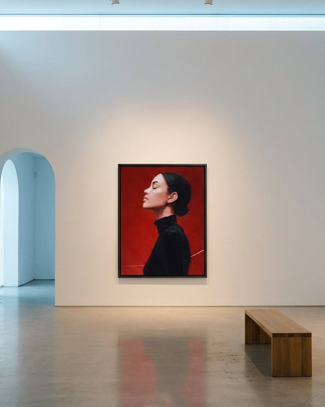 Crimson Reverie original canvas artwork displayed in a contemporary gallery setting