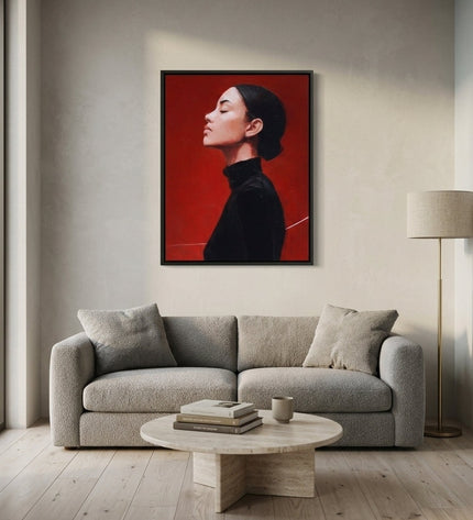 Crimson Reverie hand-painted abstract painting displayed in a contemporary living room