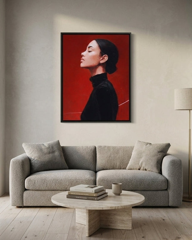 Crimson Reverie hand-painted abstract painting displayed in a contemporary living room