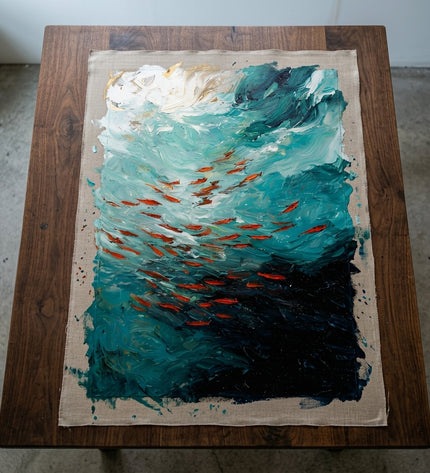 Currents of Life hand-painted original as unrolled canvas on studio table, shown without frame