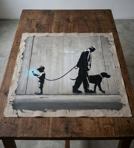 Digital Dependency hand-painted original as unrolled canvas on studio table, shown without frame