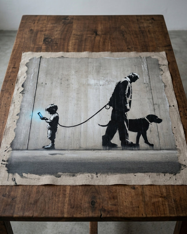 Digital Dependency hand-painted original as unrolled canvas on studio table, shown without frame