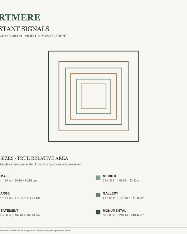 Distant Signals — six square sizes in centimeters and inches