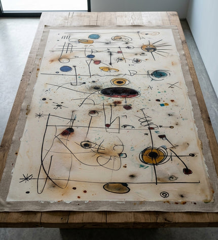 Echoes in Space hand-painted original as unrolled canvas on studio table, shown without frame