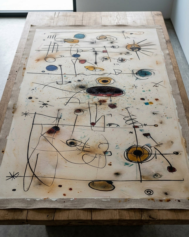 Echoes in Space hand-painted original as unrolled canvas on studio table, shown without frame