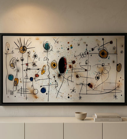 Echoes in Space hand-painted abstract painting in a warm collector-home interior, close view showing texture and scale