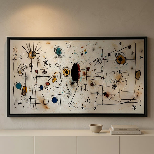 Echoes in Space hand-painted abstract painting in a warm collector-home interior, close view showing texture and scale