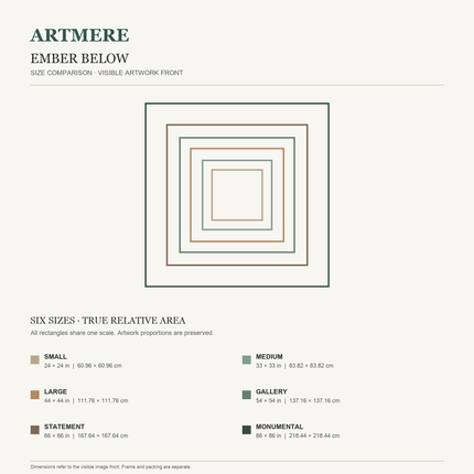 Ember Below — six square sizes in centimeters and inches