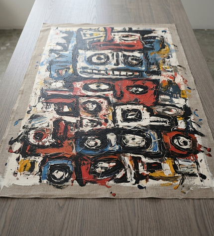 Festival Spirits hand-painted original as unrolled canvas on studio table, shown without frame