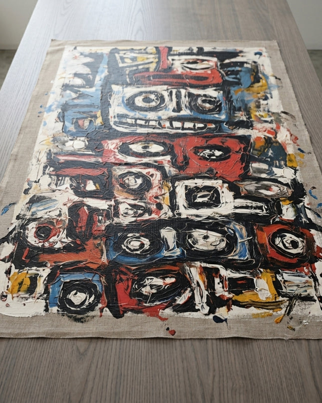 Festival Spirits hand-painted original as unrolled canvas on studio table, shown without frame