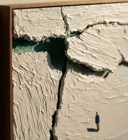 Close-up corner detail of Fracture Line showing walnut frame and cracked impasto texture