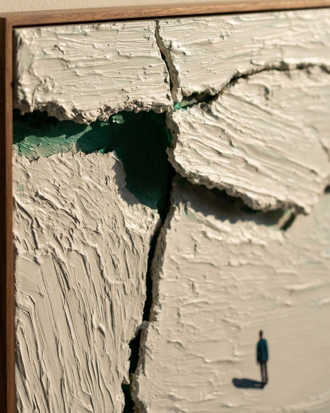 Close-up corner detail of Fracture Line showing walnut frame and cracked impasto texture