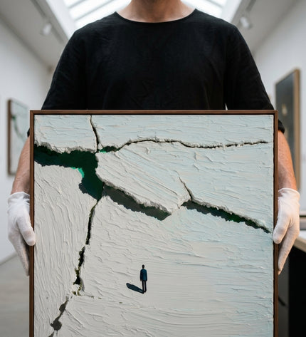 Art handler presenting Fracture Line large format original painting
