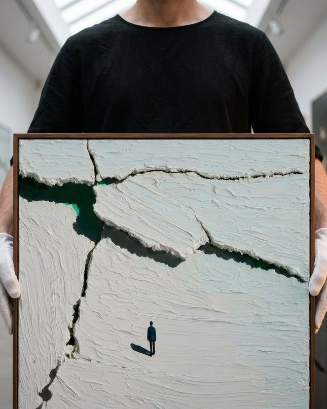 Art handler presenting Fracture Line large format original painting