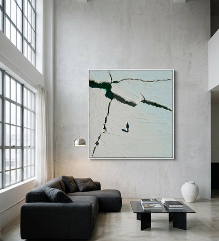Fracture Line original hand-painted abstract art with cracked white impasto and teal in a grand modern loft with double-height ceilings
