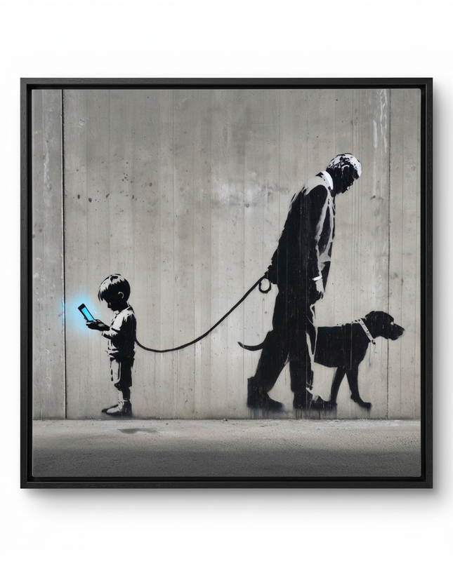 Digital Dependency hand-painted figurative canvas art in interior setting