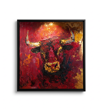 Bull of Fortune hand-painted animal portrait canvas art in interior setting