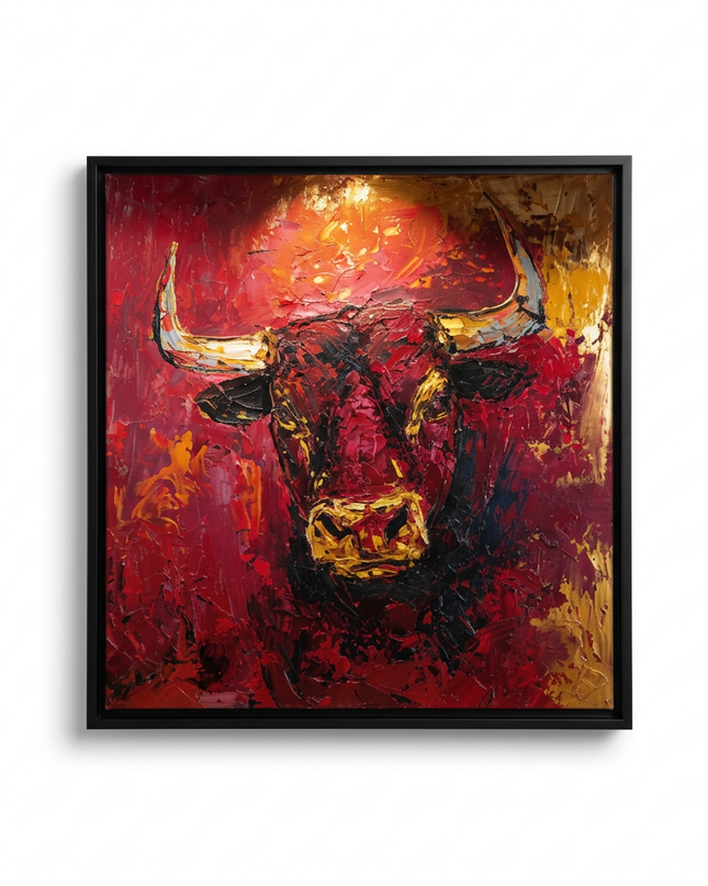 Bull of Fortune hand-painted animal portrait canvas art in interior setting