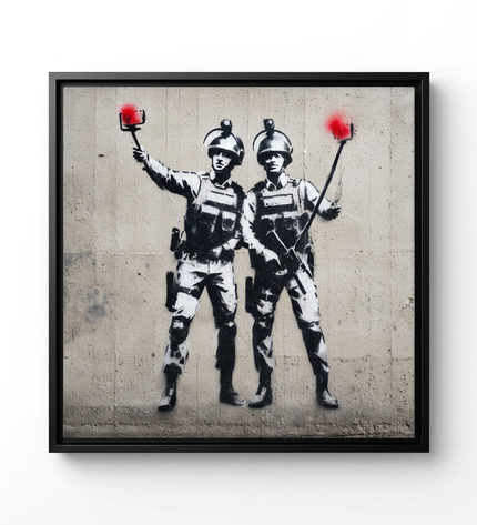 Selfie Squad hand-painted figurative canvas art in interior setting