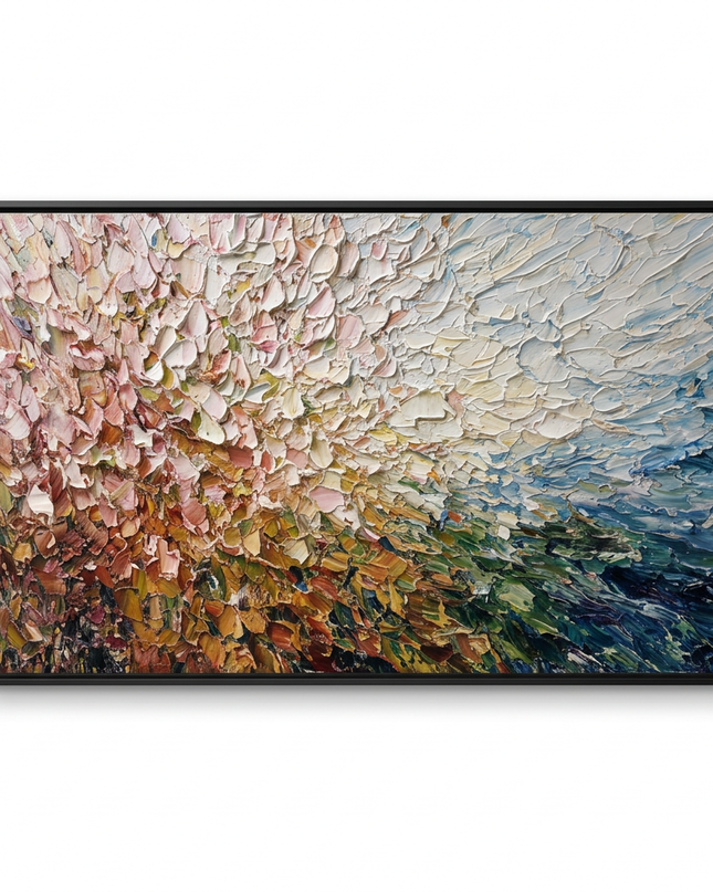 Radiant Meadow hand-painted landscape canvas art in interior setting
