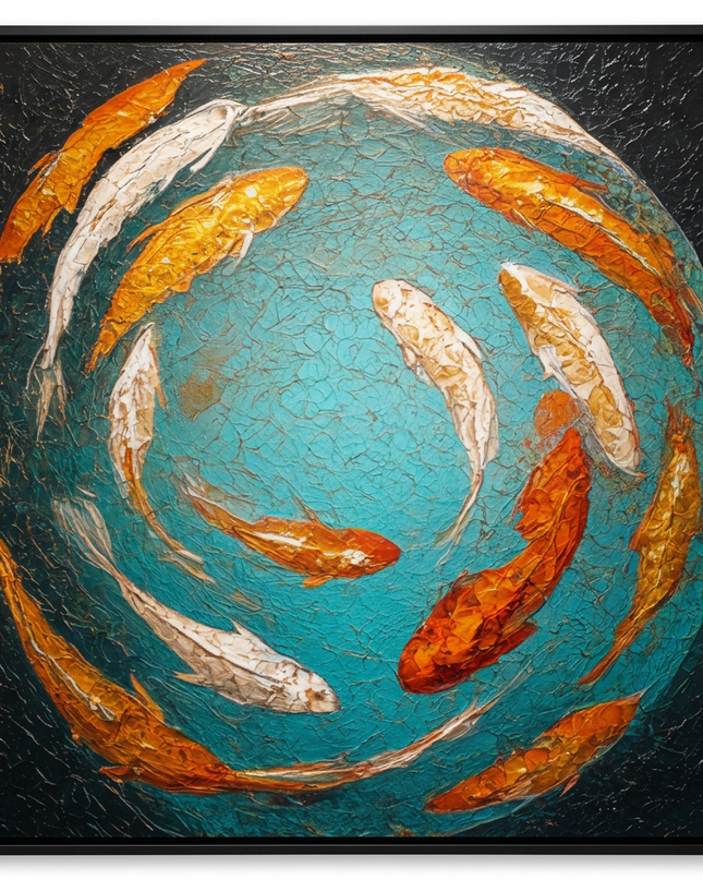 Koi of Prosperity hand-painted landscape canvas art in interior setting