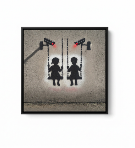 Surveillance Playground hand-painted figurative canvas art in interior setting