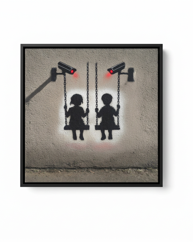 Surveillance Playground hand-painted figurative canvas art in interior setting