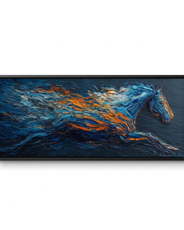 Bluefire Stallion hand-painted abstract canvas art in interior setting