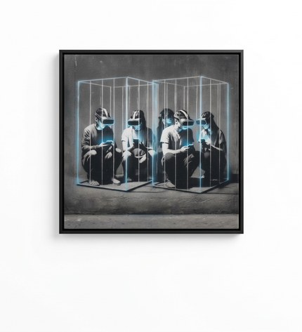 Pixel Cage hand-painted cityscape canvas art in interior setting