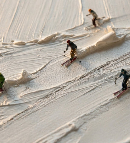 Close-up detail of Fresh Tracks showing textured impasto brushstrokes and snow texture