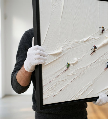 Art handler presenting Fresh Tracks large format original painting