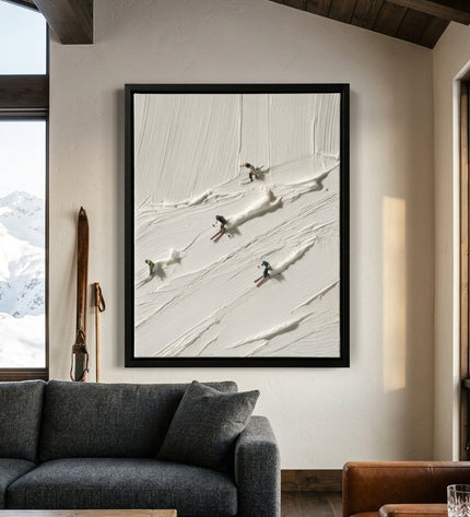 Fresh Tracks original painting displayed in a mountain modern living room