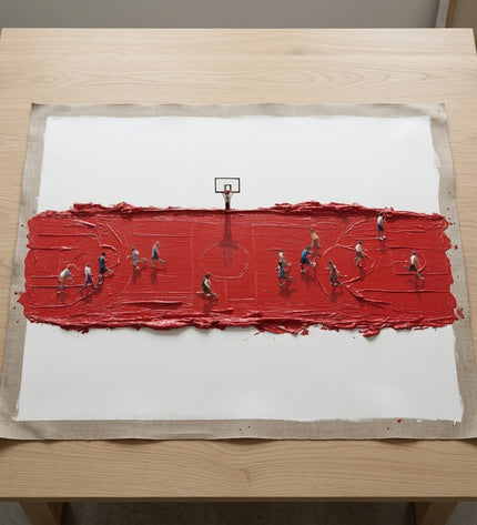 Full Court hand-painted original as unrolled canvas on studio table, shown without frame